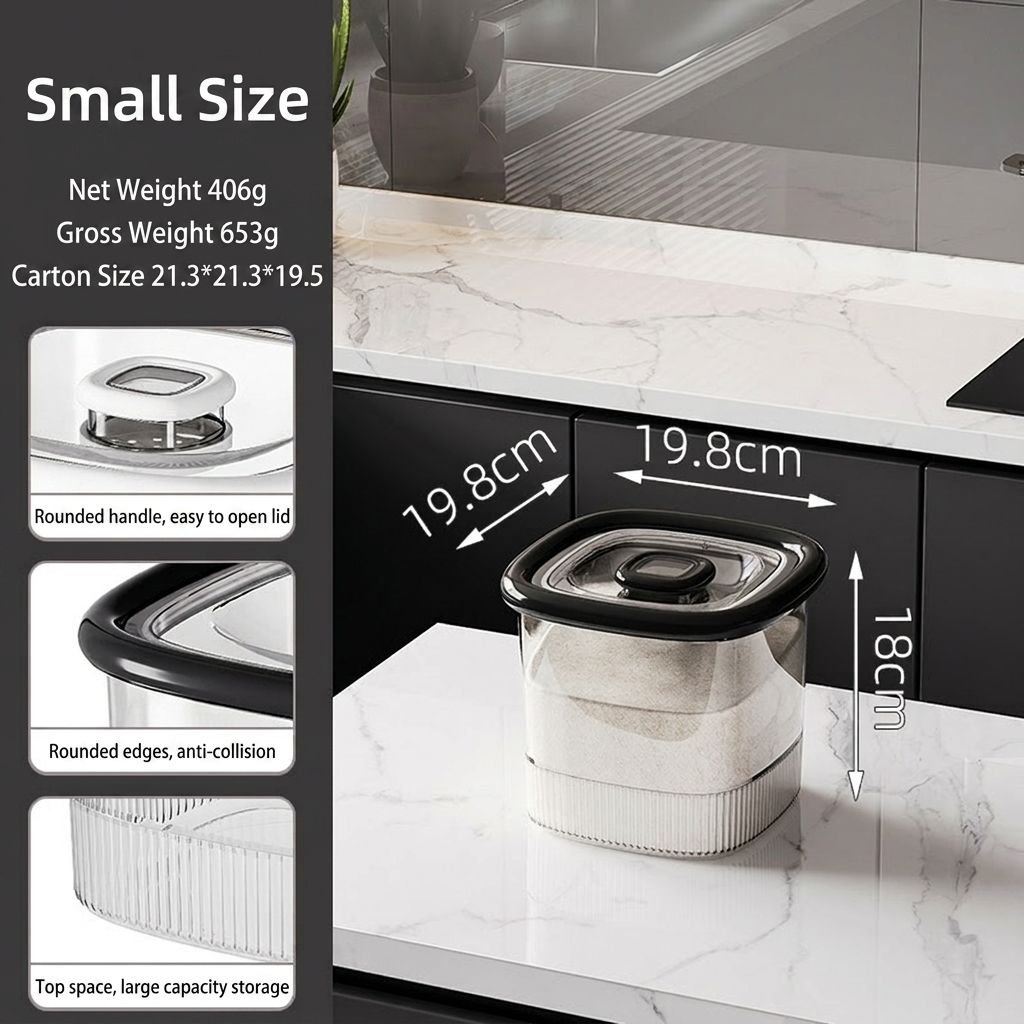 Hộp đựng gạo nhựa PP nắp kín chống ẩm côn trùng tiện lợi cho nhà bếp Hộp đựng gạo nhỏ, có thông số kích thước, nắp đen, đặt trên mặt bếp.