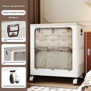 Tủ nhựa đựng quần áo loại trung, mô tả chi tiết tay cầm, bánh xe, cửa lật.