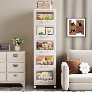 Tủ nhựa cao 5 tầng, nhìn trực diện, đựng gấu bông, thực phẩm và mỹ phẩm.