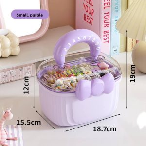 Hộp nhựa đa năng dung tích lớn đựng trang sức, mỹ phẩm cho bé gái Hộp đựng màu tím nhỏ với kích thước 18.7x15.5x19cm, chứa nhiều kẹp tóc và phụ kiện.