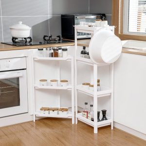 Kệ nhựa trắng để gia vị, dụng cụ bếp trong góc bếp