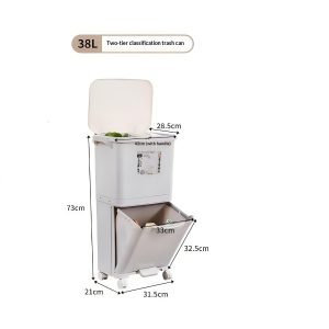 Hình ảnh thùng rác hai tầng với kích thước chi tiết và dung tích 38L.