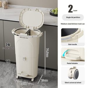 Thùng rác 2 tầng, có bánh xe, kích thước chi tiết, nắp mở.