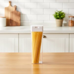 Hộp nhựa PP vuông kín khí đựng thực phẩm khô trong suốt tiện lợi Hộp đựng mì spaghetti đặt trên bàn bếp sáng sủa.