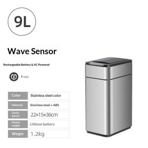 Thông số thùng rác cảm biến 9L, chất liệu thép không gỉ + ABS, dùng pin sạc.