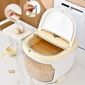 Cận cảnh nắp bật và chi tiết tay cầm tiện lợi của hộp đựng gạo.