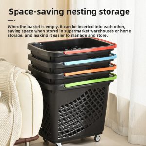 Giỏ đựng hàng siêu thị nhựa PP có bánh xe đa năng 60L tiện lợi Bốn giỏ đựng hàng xếp chồng gọn gàng, tiết kiệm không gian.