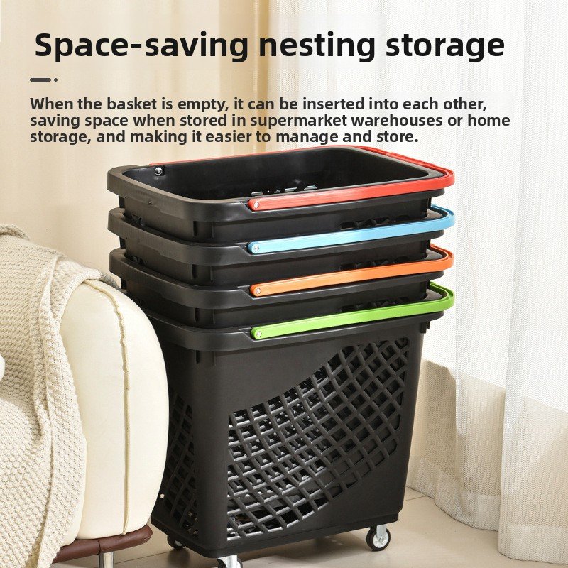 Giỏ đựng hàng siêu thị nhựa PP có bánh xe đa năng 60L tiện lợi Bốn giỏ đựng hàng xếp chồng gọn gàng, tiết kiệm không gian.