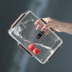 Hộp nhựa trong suốt được nghiêng để thoát nước, bên trong có hai quả cà chua.
