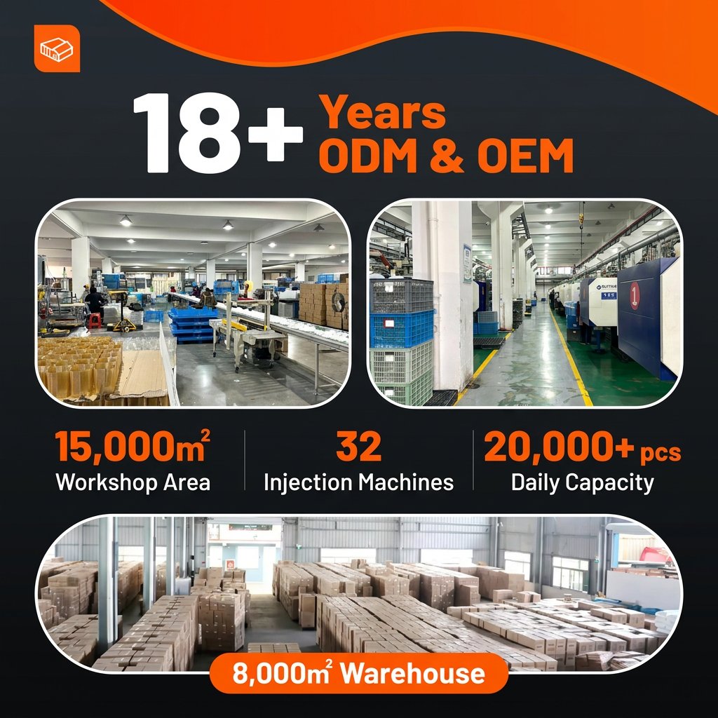 Thùng đựng gạo nhựa PP nắp kín chống ẩm mốc dung tích lớn cho bếp Hình ảnh nhà máy sản xuất với dây chuyền hiện đại và kho hàng lớn.