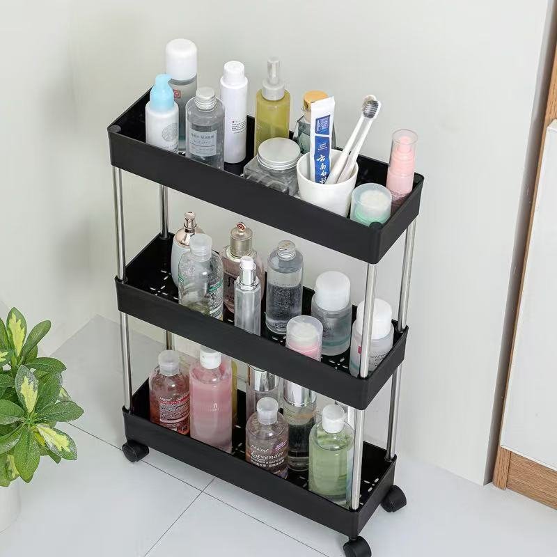 Kệ nhựa 4 tầng thép không gỉ đa năng có bánh xe đựng đồ phòng tắm nhà bếp Kệ 4 tầng màu đen đặt sát tường, đựng mỹ phẩm và đồ dùng cá nhân.