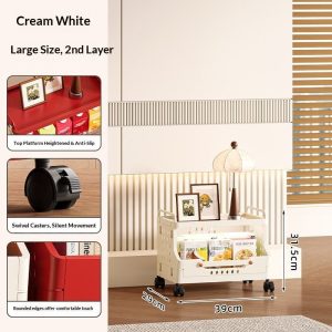 Kệ nhựa trắng kem 2 tầng có bánh xe, kích thước 39x31.5cm, để sách và đồ trang trí