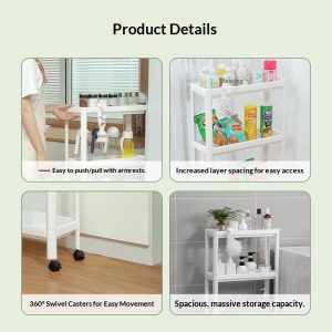 Kệ nhựa PP 4 tầng đa năng trắng có bánh xe cho nhà tắm, bếp, phòng giặt Chi tiết sản phẩm: tay cầm, bánh xe xoay 360 độ, khoảng cách tầng rộng.