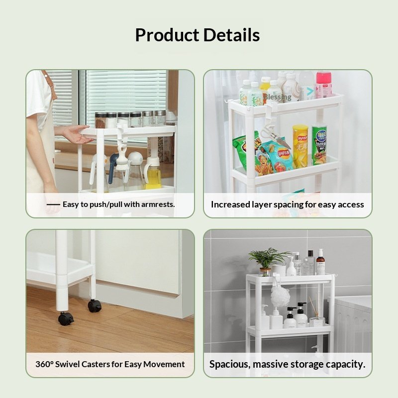 Kệ nhựa PP 4 tầng đa năng trắng có bánh xe cho nhà tắm, bếp, phòng giặt Chi tiết sản phẩm: tay cầm, bánh xe xoay 360 độ, khoảng cách tầng rộng.