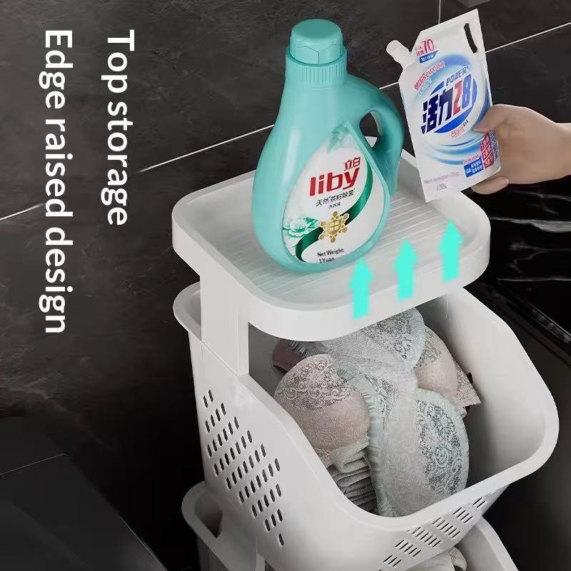 Giỏ đựng đồ đa tầng nhựa PP có bánh xe tiện lợi cho phòng tắm, phòng ngủ Ngăn trên cùng của giỏ nhựa để nước giặt và bột giặt, thiết kế viền chống rơi.