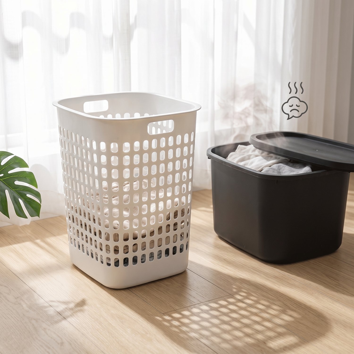 Giỏ đựng quần áo nhựa PP có nắp thoáng khí tiện dụng cho gia đình Giỏ đựng quần áo màu trắng đặt cạnh giỏ màu đen, ánh sáng chiếu qua cửa sổ.