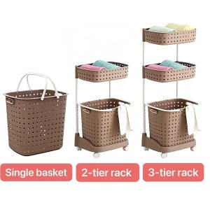 Giỏ đựng đồ giặt nhựa PP đa tầng bánh xe nắp chống bụi tiện lợi So sánh các phiên bản giỏ: loại đơn, 2 tầng, 3 tầng màu nâu.