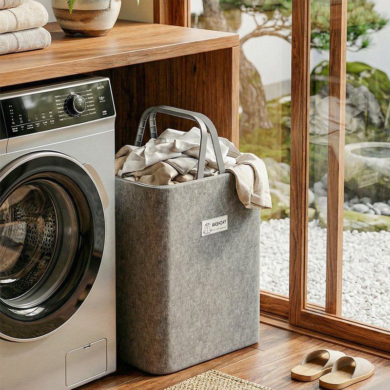 Giỏ đựng quần áo vải cotton linen dung tích lớn gấp gọn tiện lợi Giỏ đựng quần áo đặt cạnh máy giặt trong không gian thoáng sáng.