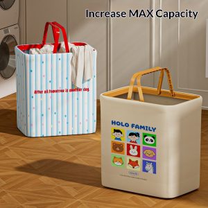 Hai giỏ đựng quần áo (một HOLO FAMILY, một sọc xanh), đặt cạnh nhau trên sàn.