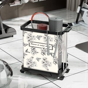 Giỏ đựng đồ giặt di động nhựa inox có bánh xe đa năng 50L Giỏ đựng đồ chứa thảm yoga và vợt cầu lông, đặt trong phòng tập