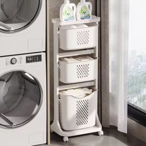 Giỏ đựng quần áo nhựa PP đa năng có bánh xe phân loại tiện lợi Giá đựng quần áo đặt cạnh máy giặt, chứa nước giặt và quần áo bẩn.