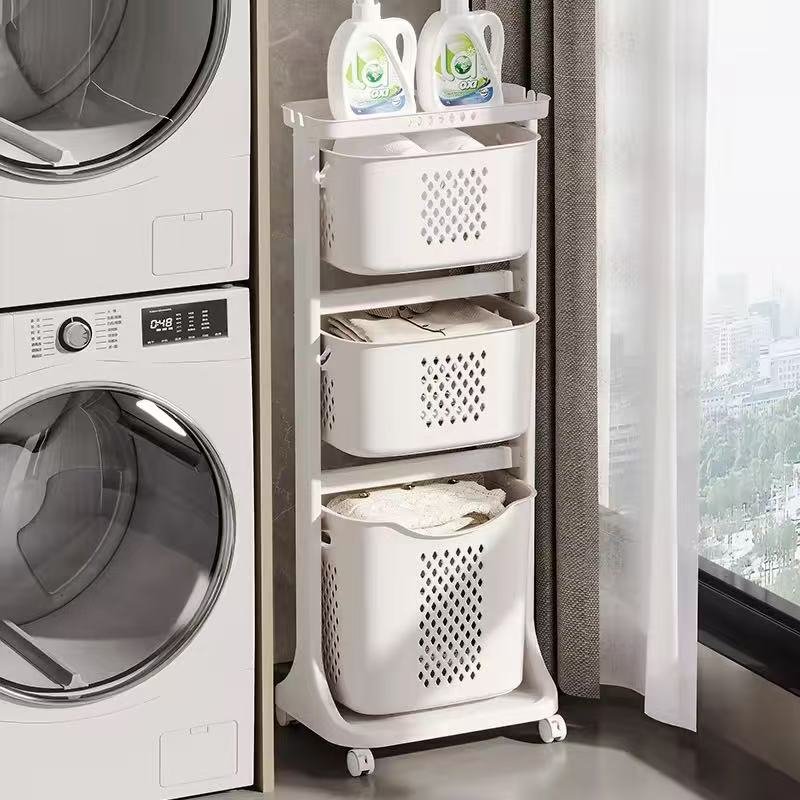 Giỏ đựng quần áo nhựa PP đa năng có bánh xe phân loại tiện lợi Giá đựng quần áo đặt cạnh máy giặt, chứa nước giặt và quần áo bẩn.