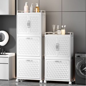 Kệ nhựa PP+PS 3 tầng đựng quần áo bẩn đa năng cho phòng tắm, phòng giặt Hai kệ đựng đồ đa năng màu trắng, đặt cạnh máy giặt trong phòng giặt