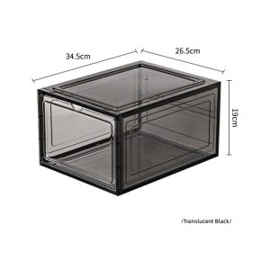 Hộp đựng giày nhựa PP trong suốt xếp chồng tiết kiệm không gian cho gia đình Hộp đựng giày màu đen trong suốt, kích thước 34.5x26.5x19cm.
