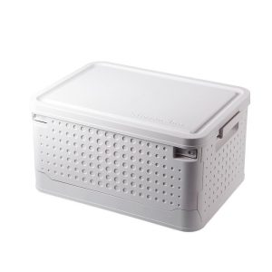 Hộp lưu trữ màu trắng ngà, có nắp đậy, thiết kế tối giản.