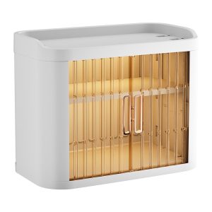 Tủ đựng màu trắng, cửa trong suốt, không có vật dụng bên trong.