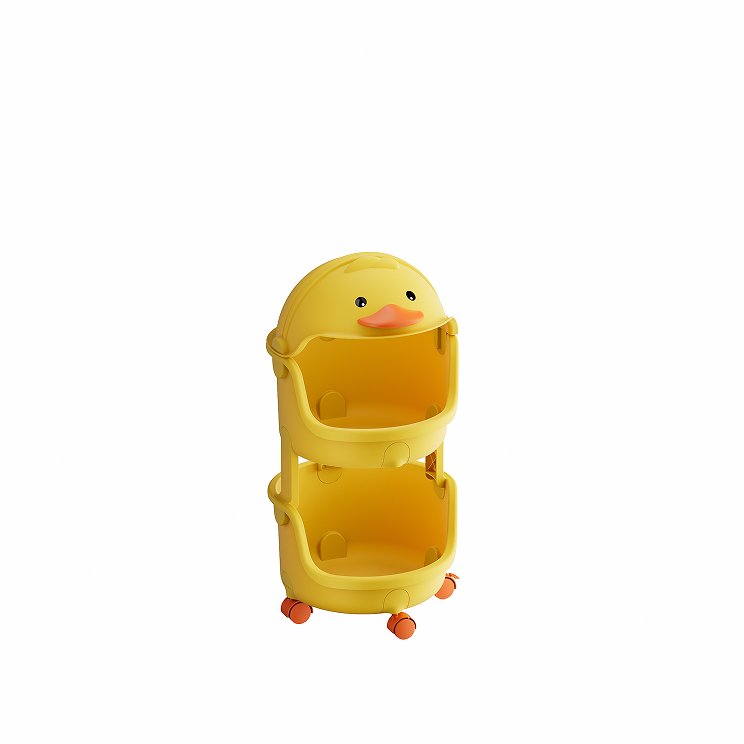 Kệ nhựa đa năng 4 tầng hình vịt đựng đồ chơi và vật dụng cho bé Kệ nhựa hình vịt màu vàng hai tầng, chưa đựng đồ, trên nền trắng.