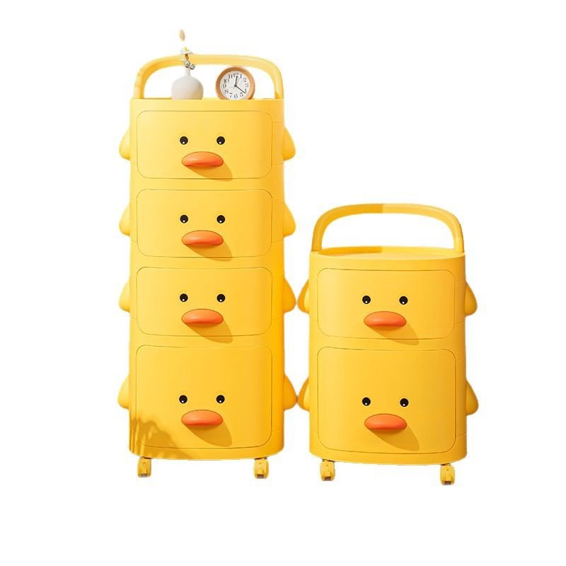 Tủ nhựa 5 tầng hình vịt vàng đa năng cho bé, nhựa PP an toàn Hai tủ nhựa hình vịt vàng, một cao một thấp, nền trắng.