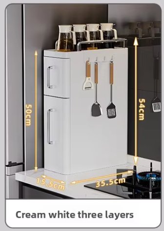 Tủ đựng gia vị nhựa PP hai tầng trắng kem đa năng cho nhà bếp Ảnh tủ ba tầng màu trắng kem, có kích thước cụ thể
