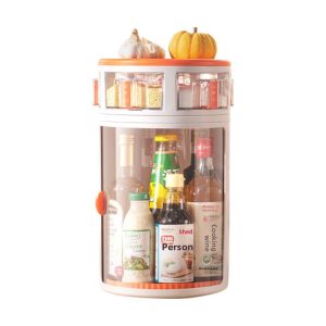 Kệ đựng gia vị xoay góc nhựa PP tiết kiệm không gian cho nhà bếp Ảnh chính diện kệ gia vị xoay, đầy đủ chai lọ bên trong và ngăn nhỏ phía trên.