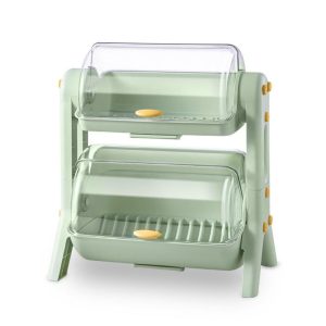 Kệ úp chén bát 2 tầng nhựa PP có nắp đậy chống bụi tiện lợi cho bếp Kệ úp chén bát 2 tầng màu xanh nhạt, nắp đậy trong suốt, tay cầm vàng.