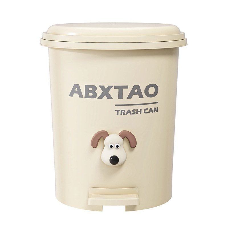 Thùng rác đạp chân nhựa PP dung tích lớn cho phòng khách, phòng ngủ Ảnh sản phẩm thùng rác màu kem với hình chú chó phía trước.