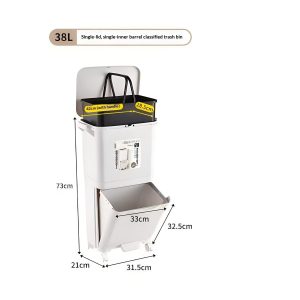 Thùng rác hai tầng với một ngăn bên trong có tay cầm, kích thước rõ ràng.