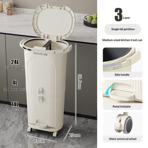 Thùng rác 3 tầng, có bánh xe, kích thước chi tiết, nắp mở.