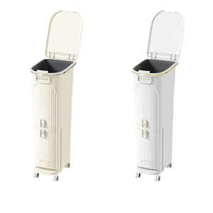 Thùng rác nhựa PP 2 ngăn bàn đạp & ngăn kéo tiện lợi cho nhà bếp Hai màu thùng rác: trắng kem và trắng, nắp mở rộng.