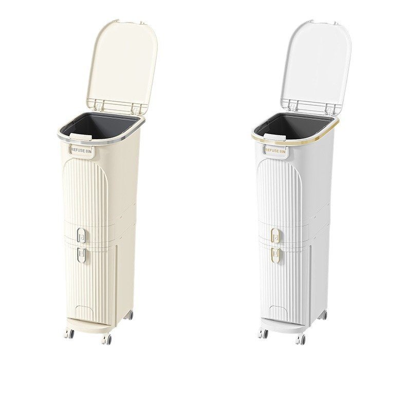 Thùng rác nhựa PP 2 ngăn bàn đạp & ngăn kéo tiện lợi cho nhà bếp Hai màu thùng rác: trắng kem và trắng, nắp mở rộng.
