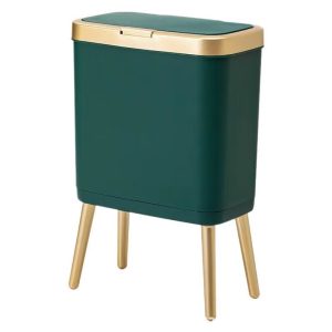Thùng rác nhựa PP cao chân 12L nắp nhấn giữ vệ sinh cho gia đình Thùng rác đứng riêng, chân cao, màu xanh vàng sang trọng.