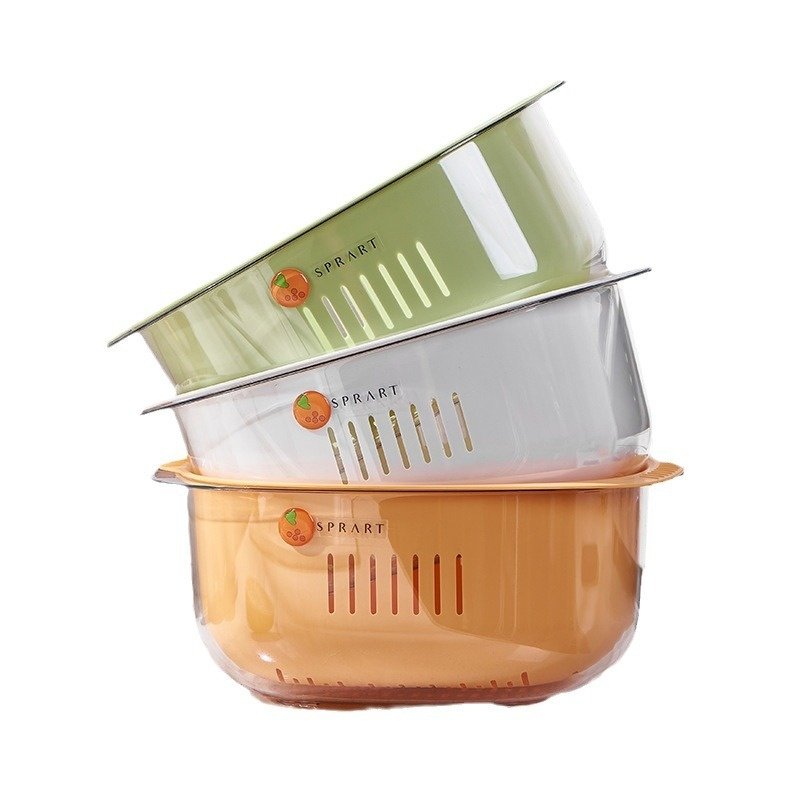 Rổ nhựa PP 2 tầng đa năng rửa rau củ quả tiện dụng cho nhà bếp Ba rổ rá xếp chồng lên nhau với ba màu: xanh lá, trắng trong, vàng cam.
