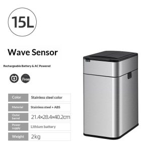 Thông số thùng rác cảm biến 15L, chất liệu thép không gỉ + ABS, dùng pin sạc.