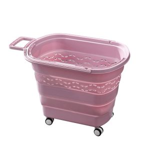 Giỏ kéo màu hồng đơn lẻ, nổi bật với thiết kế chắc chắn và bánh xe linh hoạt.