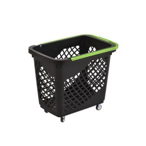 Giỏ đựng hàng siêu thị nhựa PP có bánh xe đa năng 60L tiện lợi Giỏ đựng hàng siêu thị màu đen với viền xanh lá, thiết kế đơn giản.