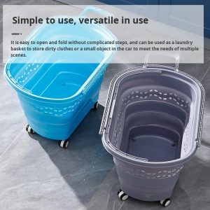 Hai giỏ đựng đồ màu xanh dương và xám với bánh xe tiện lợi.