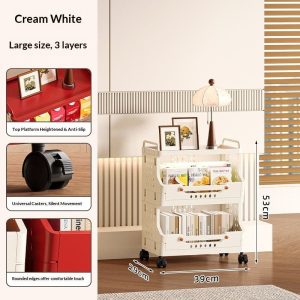 Kệ nhựa trắng kem 3 tầng có bánh xe, kích thước 39x53cm, để sách và đồ trang trí