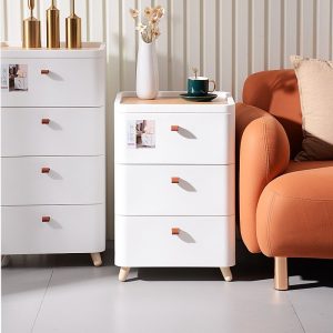Tủ nhựa 3 ngăn, bày biện gọn gàng cạnh sofa.