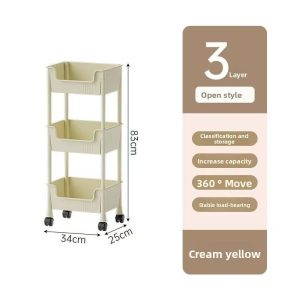 Ảnh thông số kệ nhựa 3 tầng màu vàng kem, có bánh xe.