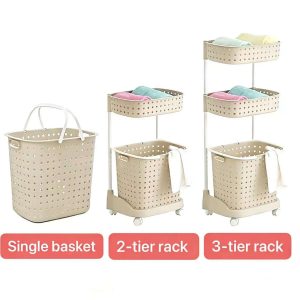 Giỏ đựng đồ giặt nhựa PP đa tầng bánh xe nắp chống bụi tiện lợi So sánh các phiên bản giỏ: loại đơn, 2 tầng, 3 tầng màu trắng kem.